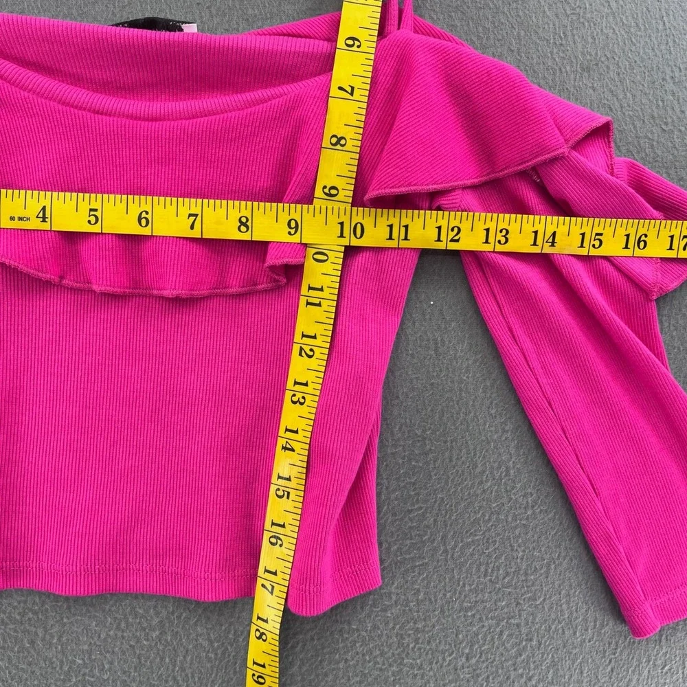 Zara Women Cold Shoulder Top Pink Ribbed Cotton L Ruffle Y2K Barbiecore